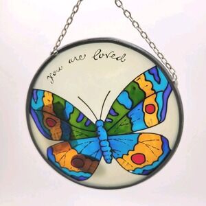 Vintage Joan Baker Handpainted Glass Butterfly Suncatcher 3.5" Window Art NEW